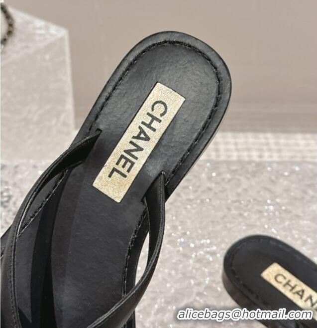 Good Quality Chanel Calfskin Flat Slide Thong Sandals with Pearl Bow Black 0322124