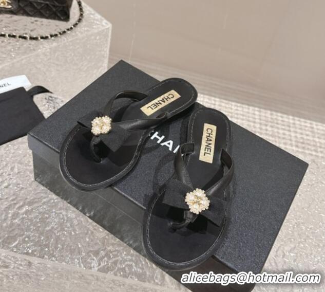 Good Quality Chanel Calfskin Flat Slide Thong Sandals with Pearl Bow Black 0322124