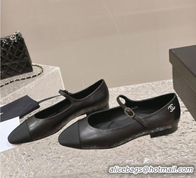 Low Cost Chanel Calfskin & Grosgrain Mary Janes Ballet Flat with Crystals CC Black 322125