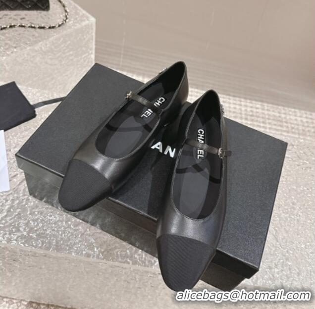 Low Cost Chanel Calfskin & Grosgrain Mary Janes Ballet Flat with Crystals CC Black 322125