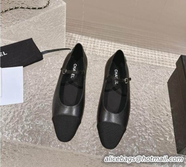 Low Cost Chanel Calfskin & Grosgrain Mary Janes Ballet Flat with Crystals CC Black 322125