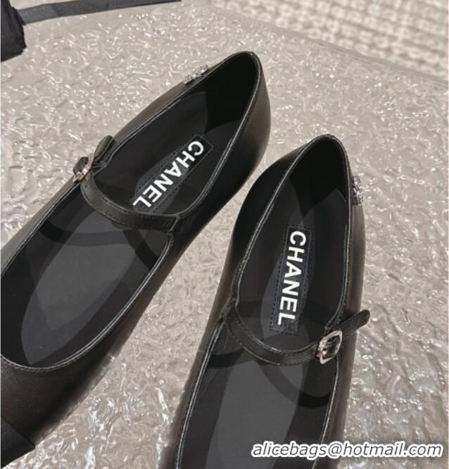 Low Cost Chanel Calfskin & Grosgrain Mary Janes Ballet Flat with Crystals CC Black 322125