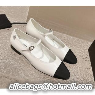 Low Price Chanel Calfskin & Grosgrain Mary Janes Ballet Flat with Crystals CC White 322126