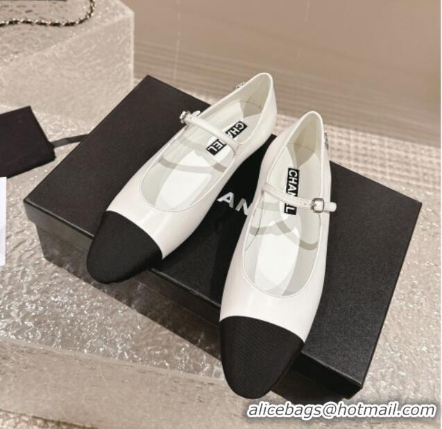 Low Price Chanel Calfskin & Grosgrain Mary Janes Ballet Flat with Crystals CC White 322126