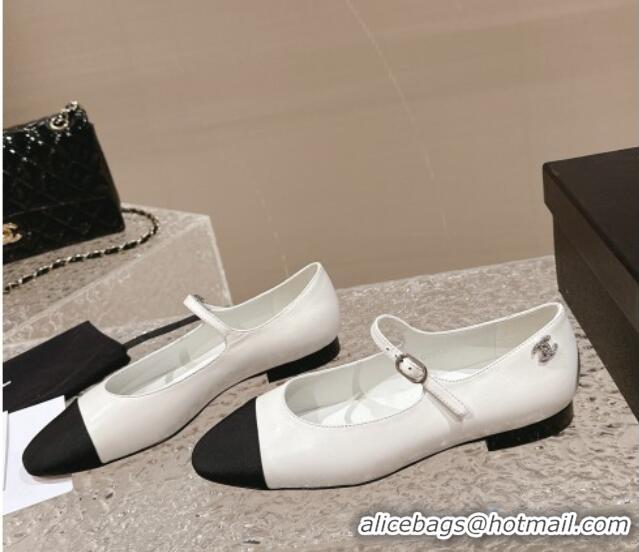 Low Price Chanel Calfskin & Grosgrain Mary Janes Ballet Flat with Crystals CC White 322126