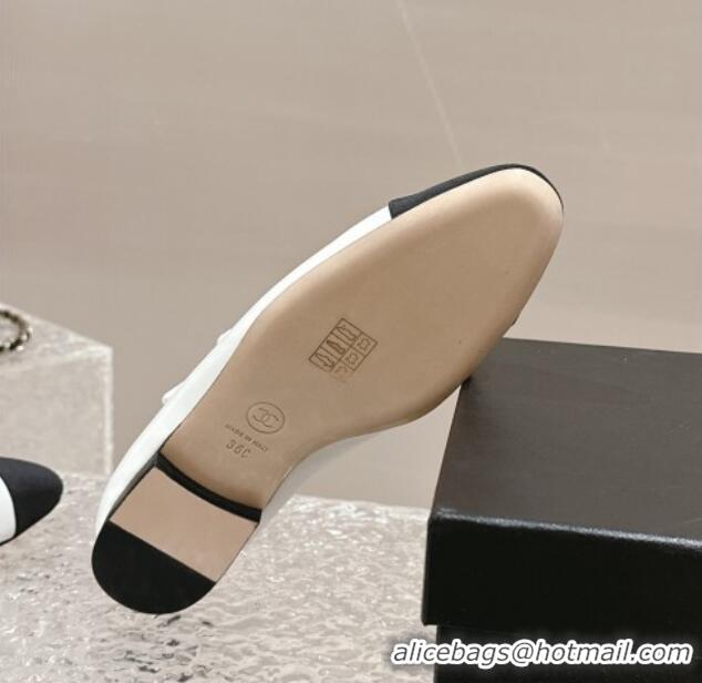 Low Price Chanel Calfskin & Grosgrain Mary Janes Ballet Flat with Crystals CC White 322126