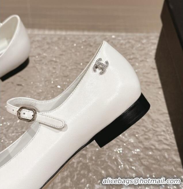 Low Price Chanel Calfskin & Grosgrain Mary Janes Ballet Flat with Crystals CC White 322126