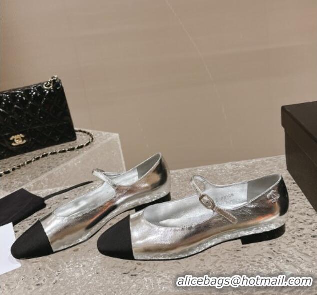 Best Price Chanel Calfskin & Grosgrain Mary Janes Ballet Flat Silver 322127