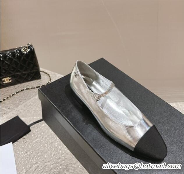 Best Price Chanel Calfskin & Grosgrain Mary Janes Ballet Flat Silver 322127