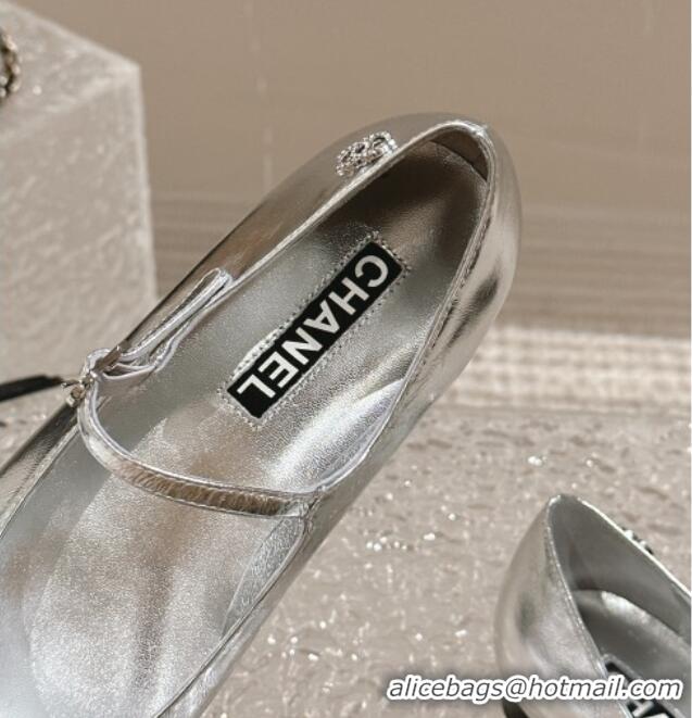 Best Price Chanel Calfskin & Grosgrain Mary Janes Ballet Flat Silver 322127