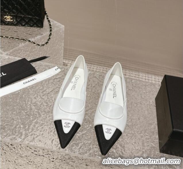 Best Grade Chanel Lambskin & Grosgrain Pointed Ballet Flat White 0322129