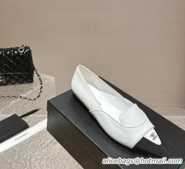 Best Grade Chanel Lambskin & Grosgrain Pointed Ballet Flat White 0322129