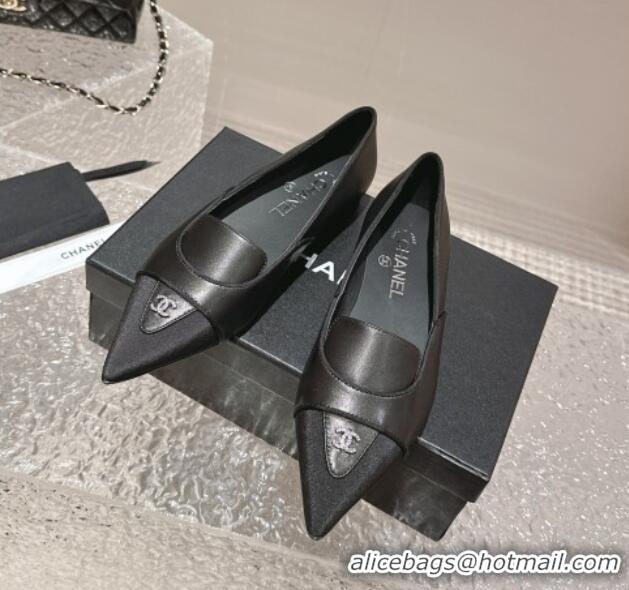 Stylish Chanel Lambskin & Grosgrain Pointed Ballet Flat Black 0322130