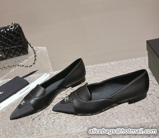 Stylish Chanel Lambskin & Grosgrain Pointed Ballet Flat Black 0322130