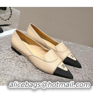 Pretty Style Chanel Lambskin & Grosgrain Pointed Ballet Flat Beige 322131