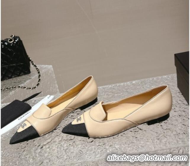 Pretty Style Chanel Lambskin & Grosgrain Pointed Ballet Flat Beige 322131