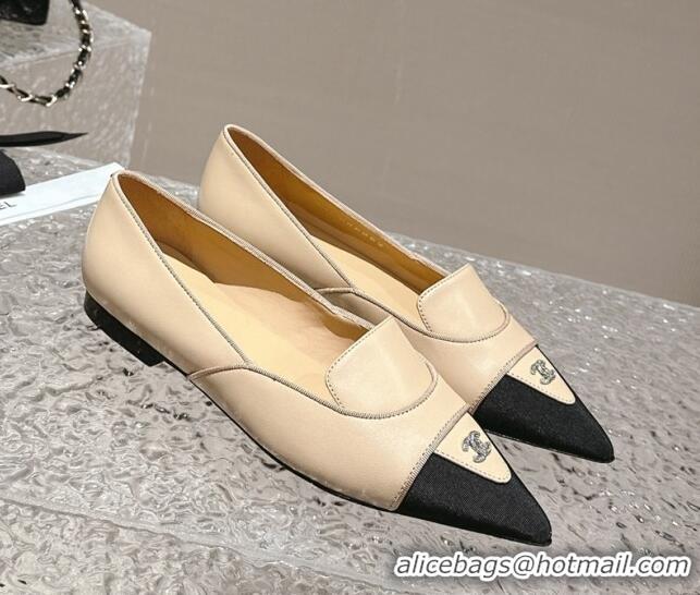 Pretty Style Chanel Lambskin & Grosgrain Pointed Ballet Flat Beige 322131