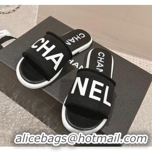 Perfect Chanel Knit Fabric Flat Slide Sandals with Logo Black/White 0322133