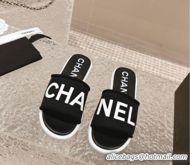 Perfect Chanel Knit Fabric Flat Slide Sandals with Logo Black/White 0322133