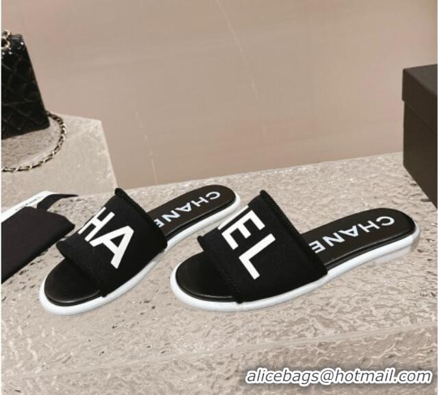 Perfect Chanel Knit Fabric Flat Slide Sandals with Logo Black/White 0322133