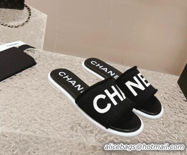 Perfect Chanel Knit Fabric Flat Slide Sandals with Logo Black/White 0322133