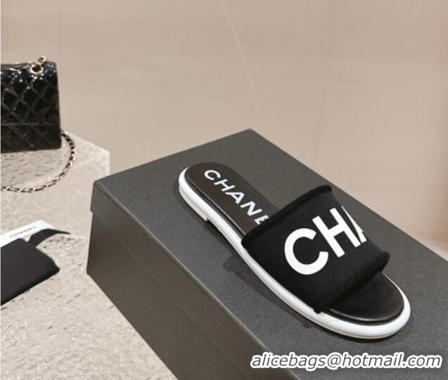 Perfect Chanel Knit Fabric Flat Slide Sandals with Logo Black/White 0322133