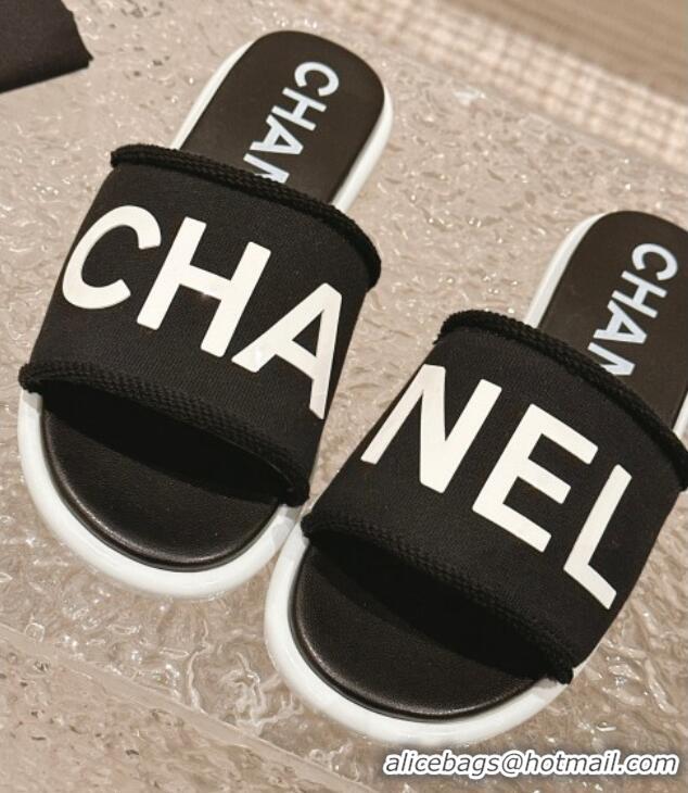 Perfect Chanel Knit Fabric Flat Slide Sandals with Logo Black/White 0322133