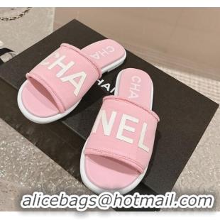 Most Popular Chanel Knit Fabric Flat Slide Sandals with Logo Pink 0322135