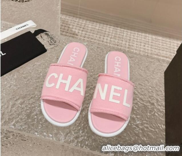 Most Popular Chanel Knit Fabric Flat Slide Sandals with Logo Pink 0322135