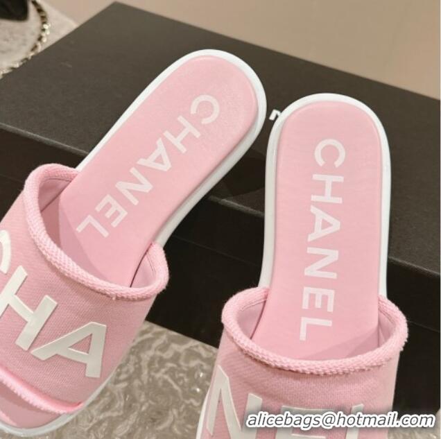 Most Popular Chanel Knit Fabric Flat Slide Sandals with Logo Pink 0322135