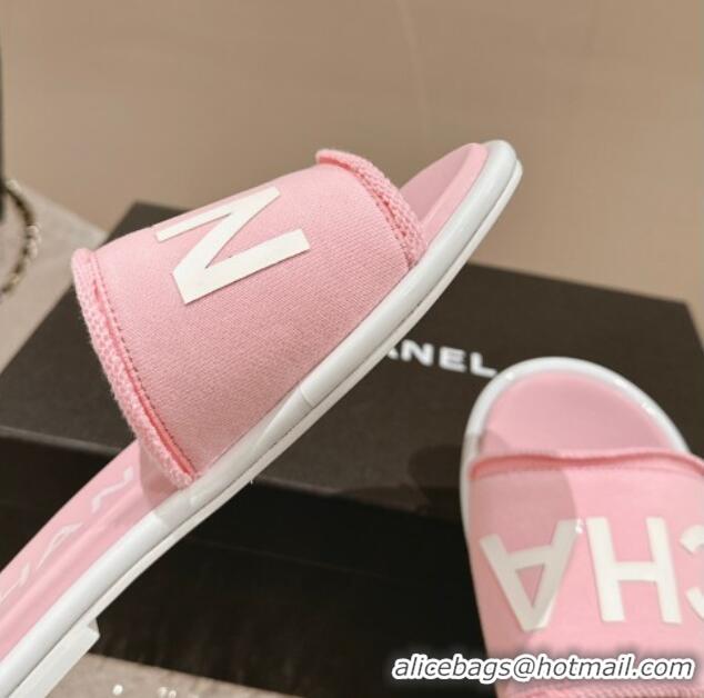 Most Popular Chanel Knit Fabric Flat Slide Sandals with Logo Pink 0322135