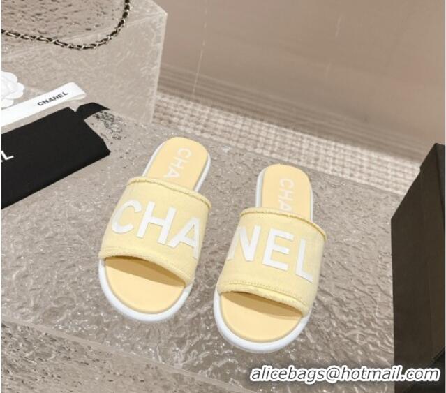 Durable Chanel Knit Fabric Flat Slide Sandals with Logo Yellow 0322136