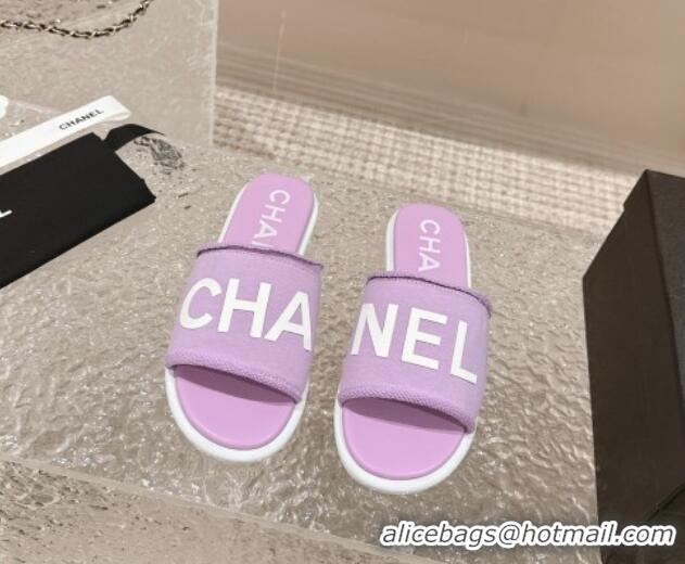 Lowest Cost Chanel Knit Fabric Flat Slide Sandals with Logo Purple 0322137