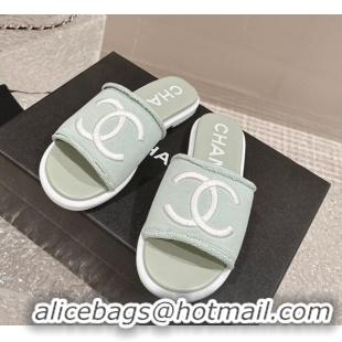 Best Product Chanel Knit Fabric Flat Slide Sandals with CC Green 322138