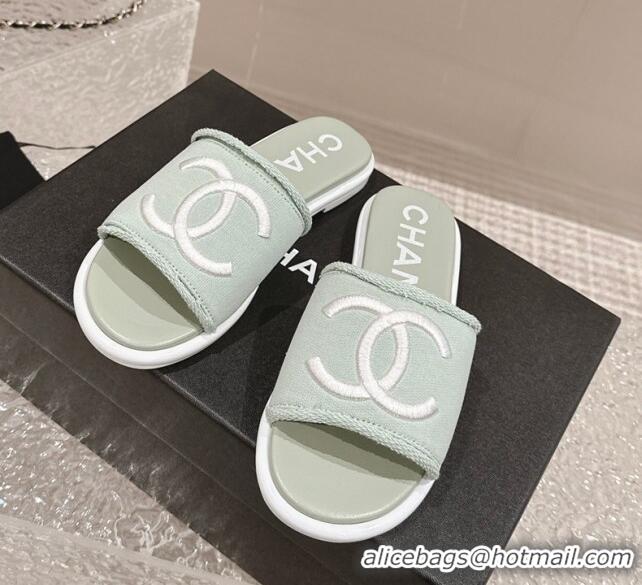 Best Product Chanel Knit Fabric Flat Slide Sandals with CC Green 322138