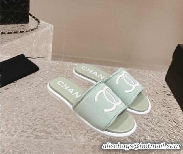 Best Product Chanel Knit Fabric Flat Slide Sandals with CC Green 322138