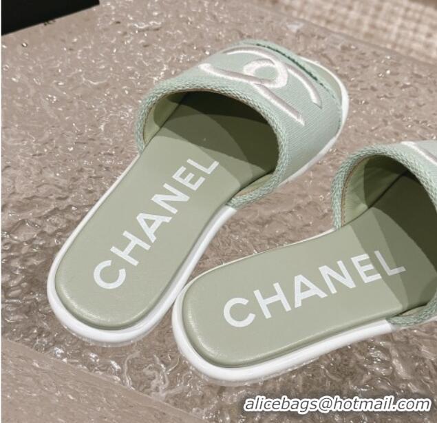 Best Product Chanel Knit Fabric Flat Slide Sandals with CC Green 322138