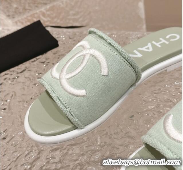 Best Product Chanel Knit Fabric Flat Slide Sandals with CC Green 322138