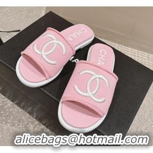 Best Product Chanel Knit Fabric Flat Slide Sandals with CC Pink 0322139