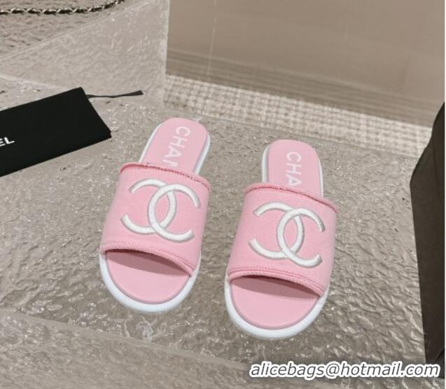 Best Product Chanel Knit Fabric Flat Slide Sandals with CC Pink 0322139