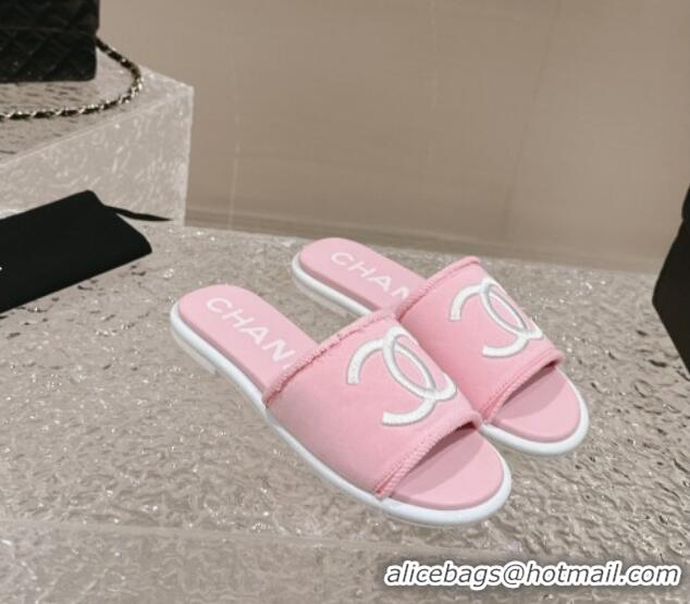 Best Product Chanel Knit Fabric Flat Slide Sandals with CC Pink 0322139