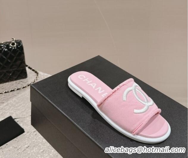 Best Product Chanel Knit Fabric Flat Slide Sandals with CC Pink 0322139