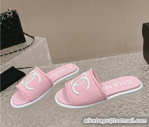 Best Product Chanel Knit Fabric Flat Slide Sandals with CC Pink 0322139