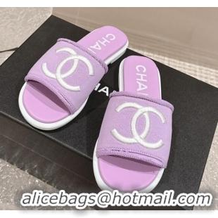 Good Looking Chanel Knit Fabric Flat Slide Sandals with CC Purple 0322140