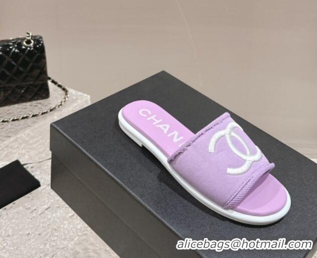 Good Looking Chanel Knit Fabric Flat Slide Sandals with CC Purple 0322140