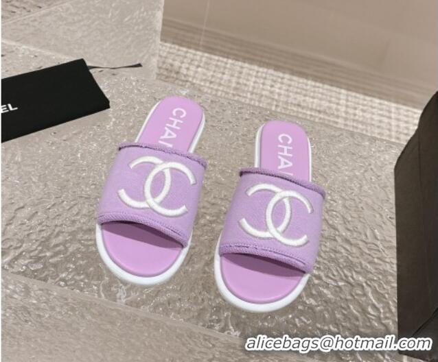 Good Looking Chanel Knit Fabric Flat Slide Sandals with CC Purple 0322140