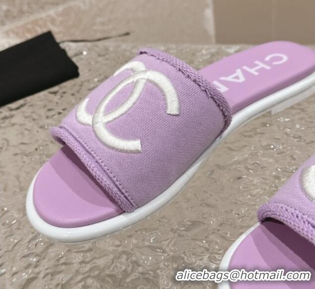 Good Looking Chanel Knit Fabric Flat Slide Sandals with CC Purple 0322140