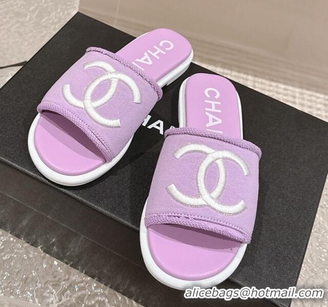 Good Looking Chanel Knit Fabric Flat Slide Sandals with CC Purple 0322140