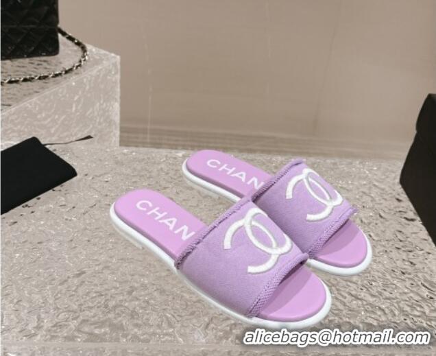 Good Looking Chanel Knit Fabric Flat Slide Sandals with CC Purple 0322140