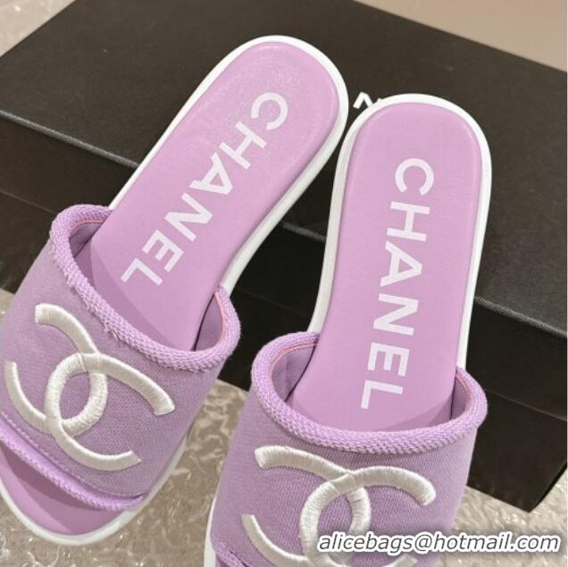 Good Looking Chanel Knit Fabric Flat Slide Sandals with CC Purple 0322140